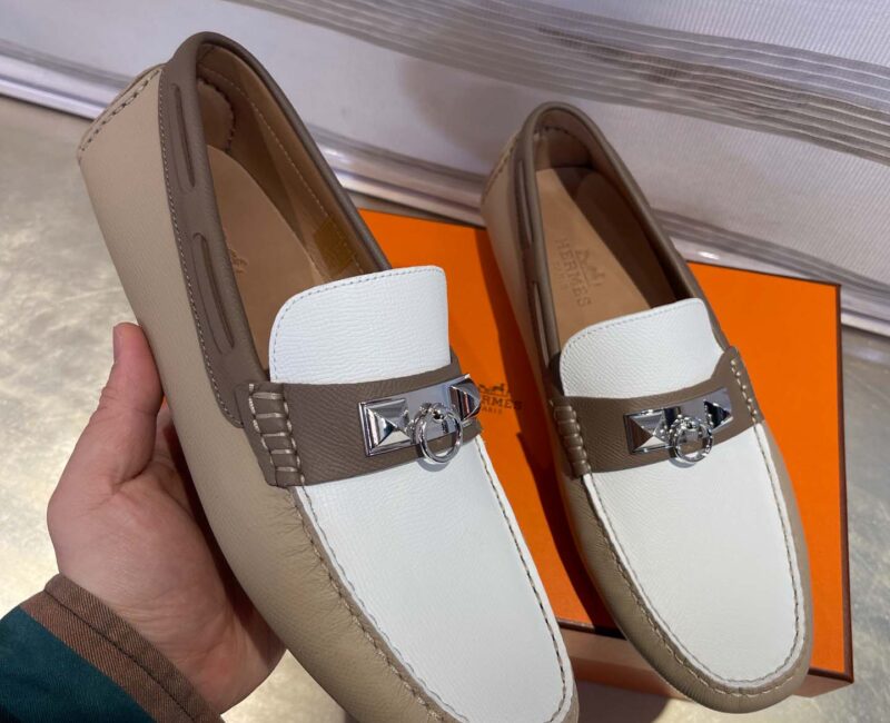 Giày lười Hermes Irving Loafer Nâu Trắng Kim Loại Bạc