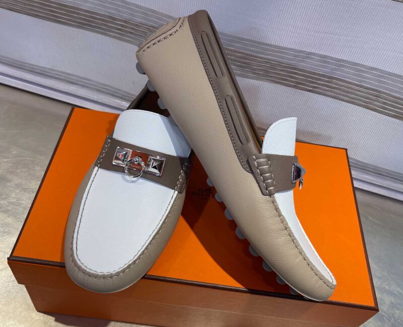 Giày lười Hermes Irving Loafer Nâu Trắng Kim Loại Bạc