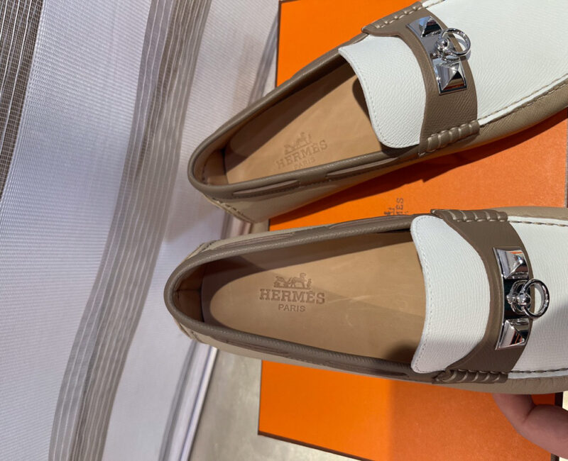 Giày lười Hermes Irving Loafer Nâu Trắng Kim Loại Bạc