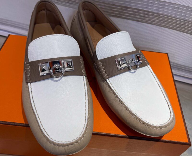 Giày lười Hermes Irving Loafer Nâu Trắng Kim Loại Bạc