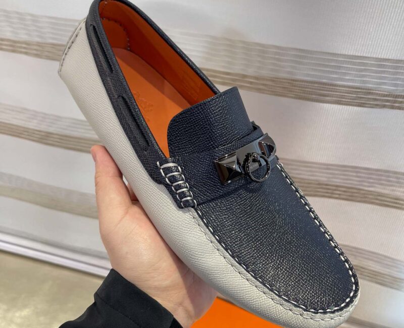 Giày lười Hermes Irving Loafer Xám Xanh Da Taiga