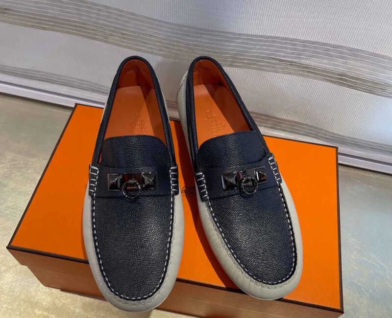 Giày lười Hermes Irving Loafer Xám Xanh Da Taiga