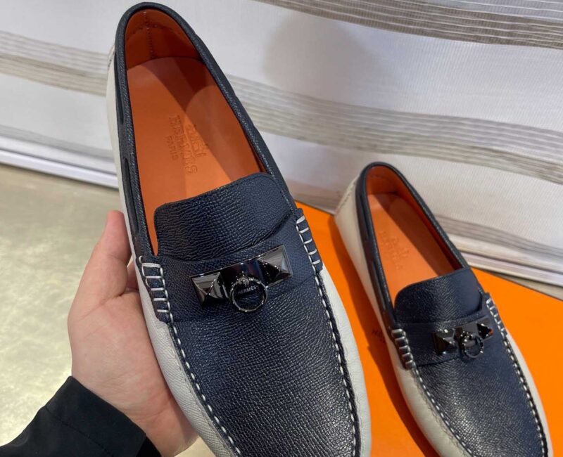 Giày lười Hermes Irving Loafer Xám Xanh Da Taiga