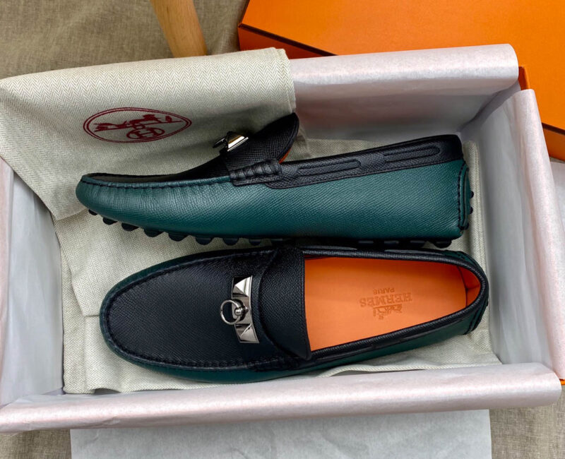 Giày lười Hermes Irving Loafer Xanh Đen Da Bê có Vân