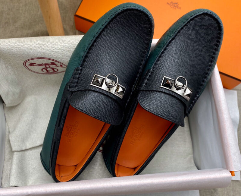 Giày lười Hermes Irving Loafer Xanh Đen Da Bê có Vân