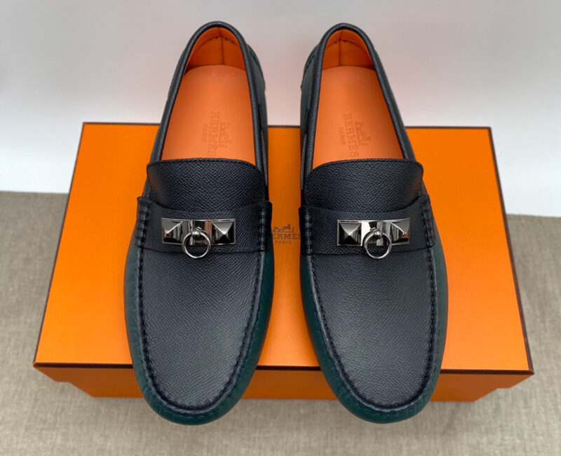 Giày lười Hermes Irving Loafer Xanh Đen Da Bê có Vân