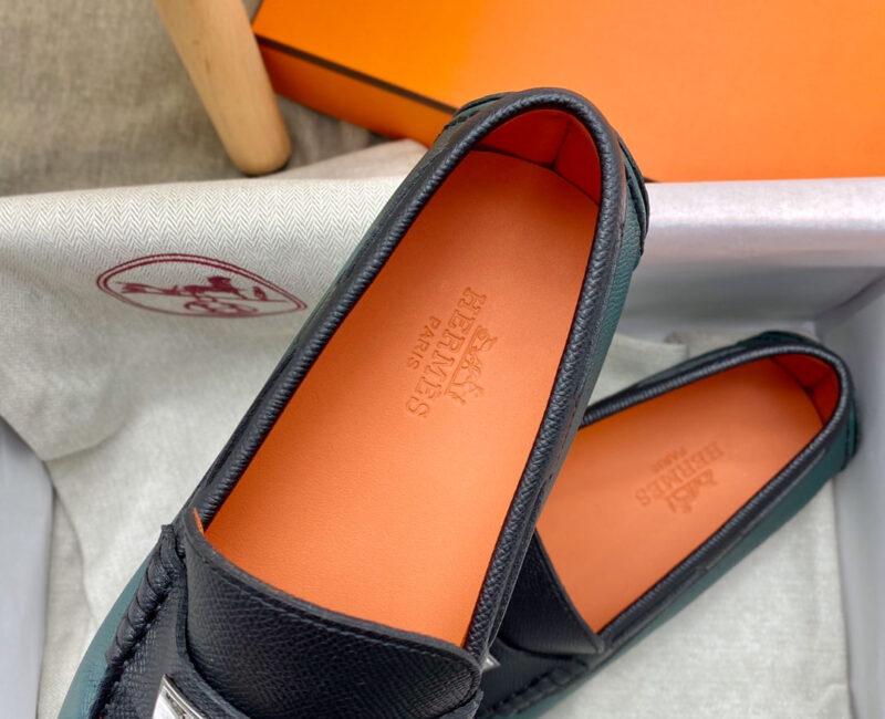 Giày lười Hermes Irving Loafer Xanh Đen Da Bê có Vân