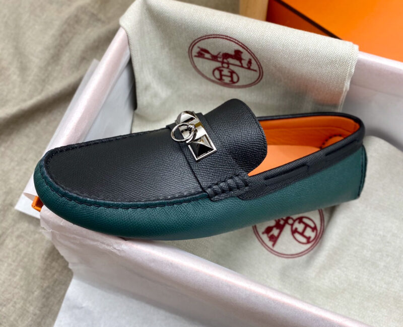 Giày lười Hermes Irving Loafer Xanh Đen Da Bê có Vân