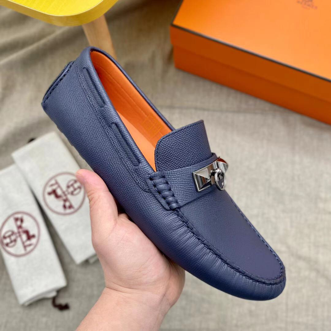 Giày lười Hermes Irving Loafer Xanh lót Cam Da Bê có Vân