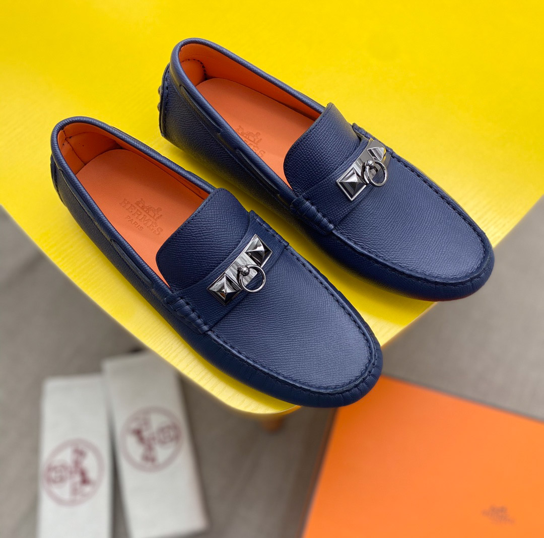 Giày lười Hermes Irving Loafer Xanh lót Cam Da Bê có Vân