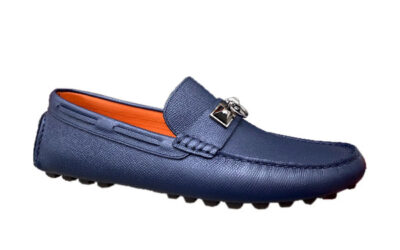 Giày lười Hermes Irving Loafer Xanh lót Cam Da Bê có Vân