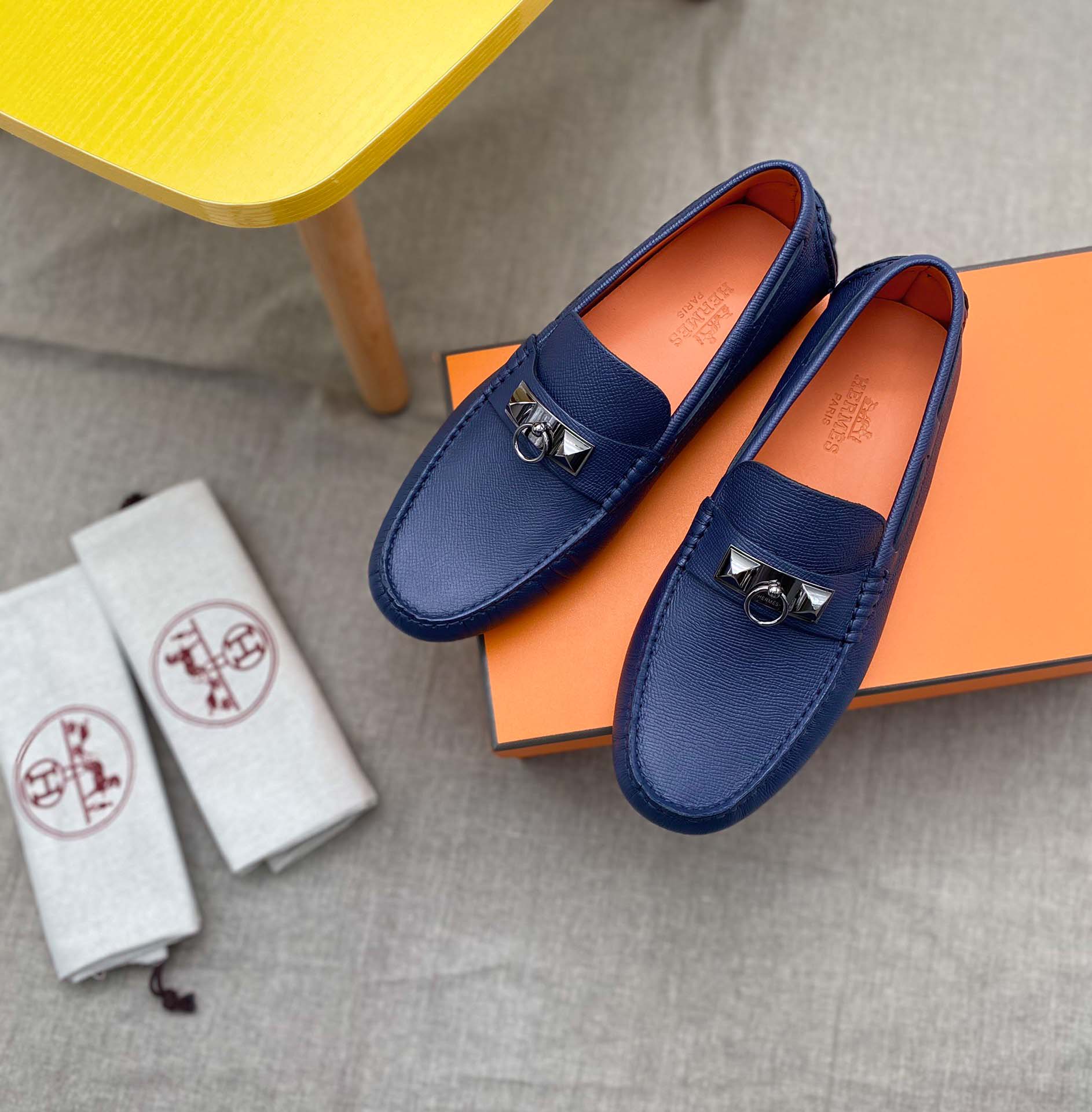 Giày lười Hermes Irving Loafer Xanh lót Cam Da Bê có Vân