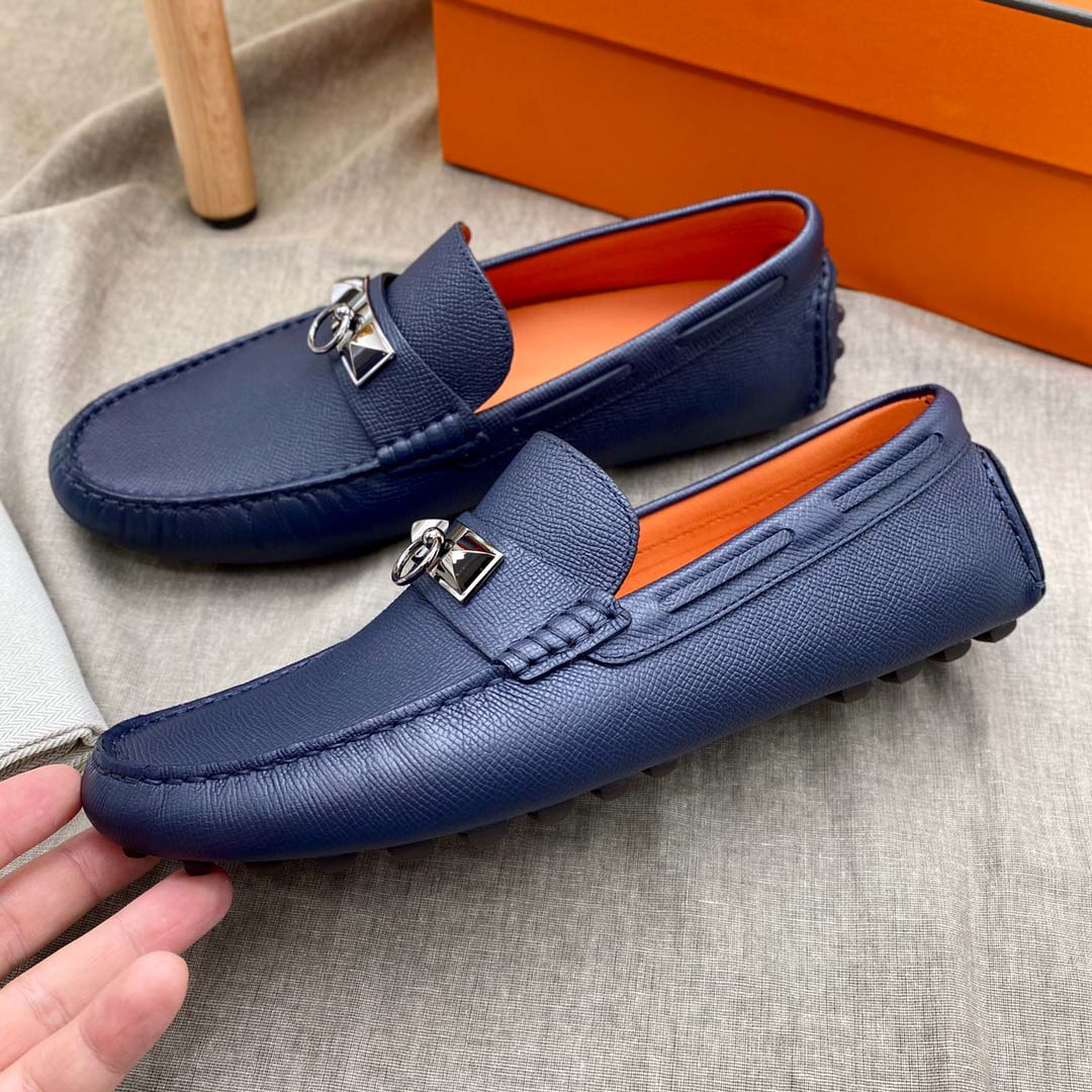 Giày lười Hermes Irving Loafer Xanh lót Cam Da Bê có Vân