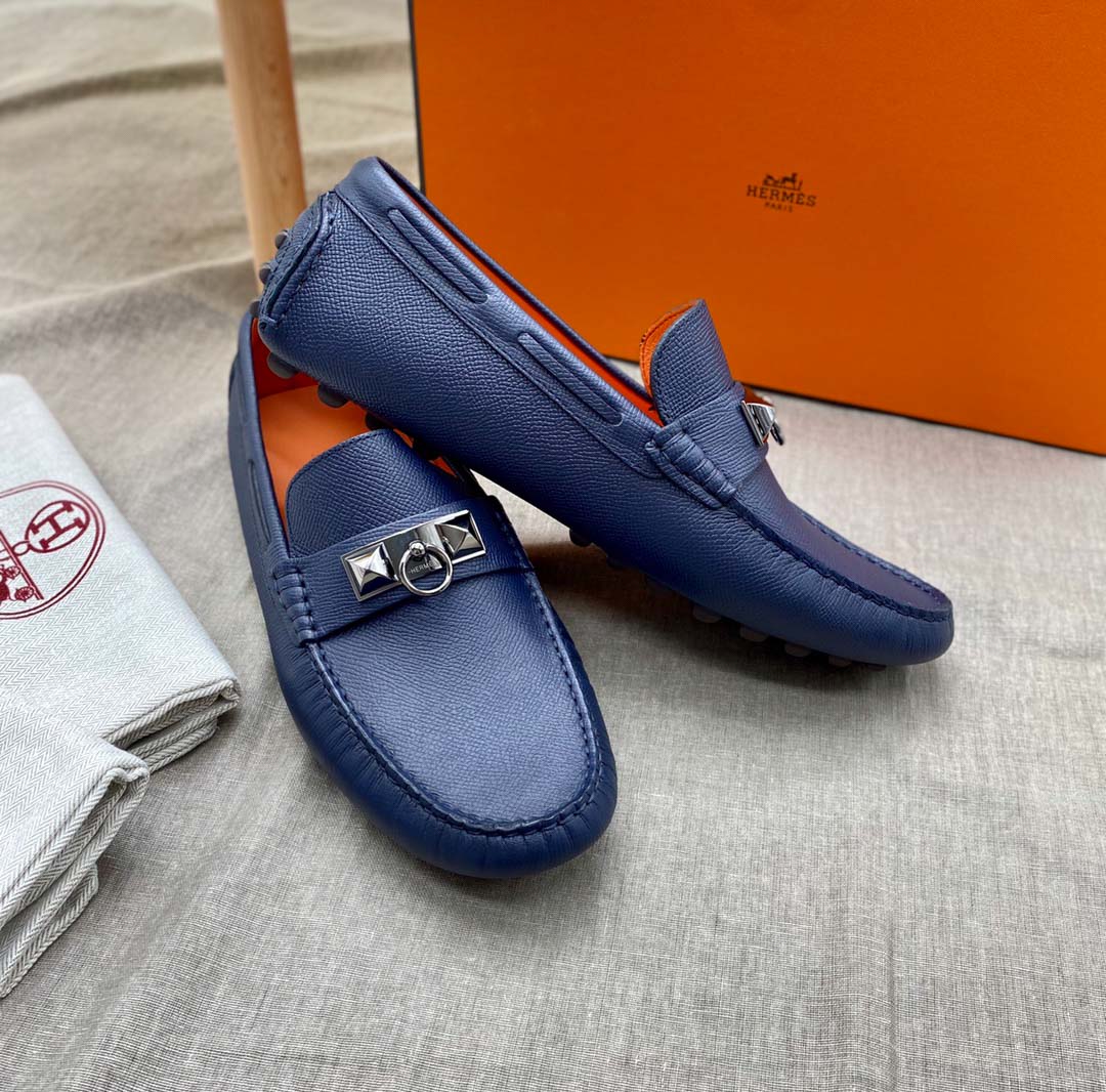 Giày lười Hermes Irving Loafer Xanh lót Cam Da Bê có Vân