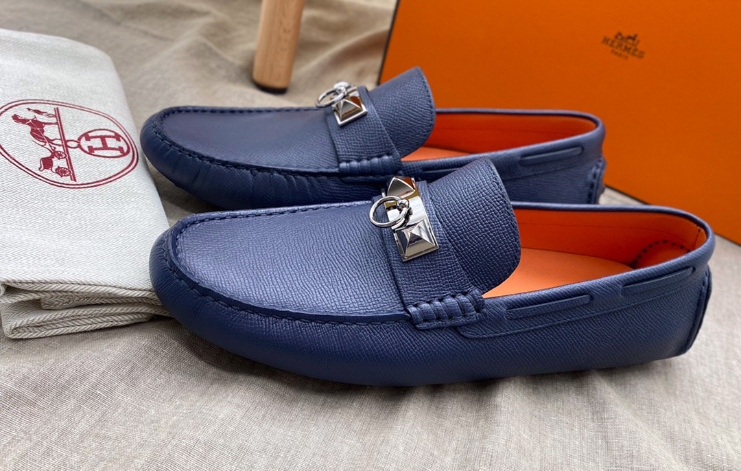 Giày lười Hermes Irving Loafer Xanh lót Cam Da Bê có Vân