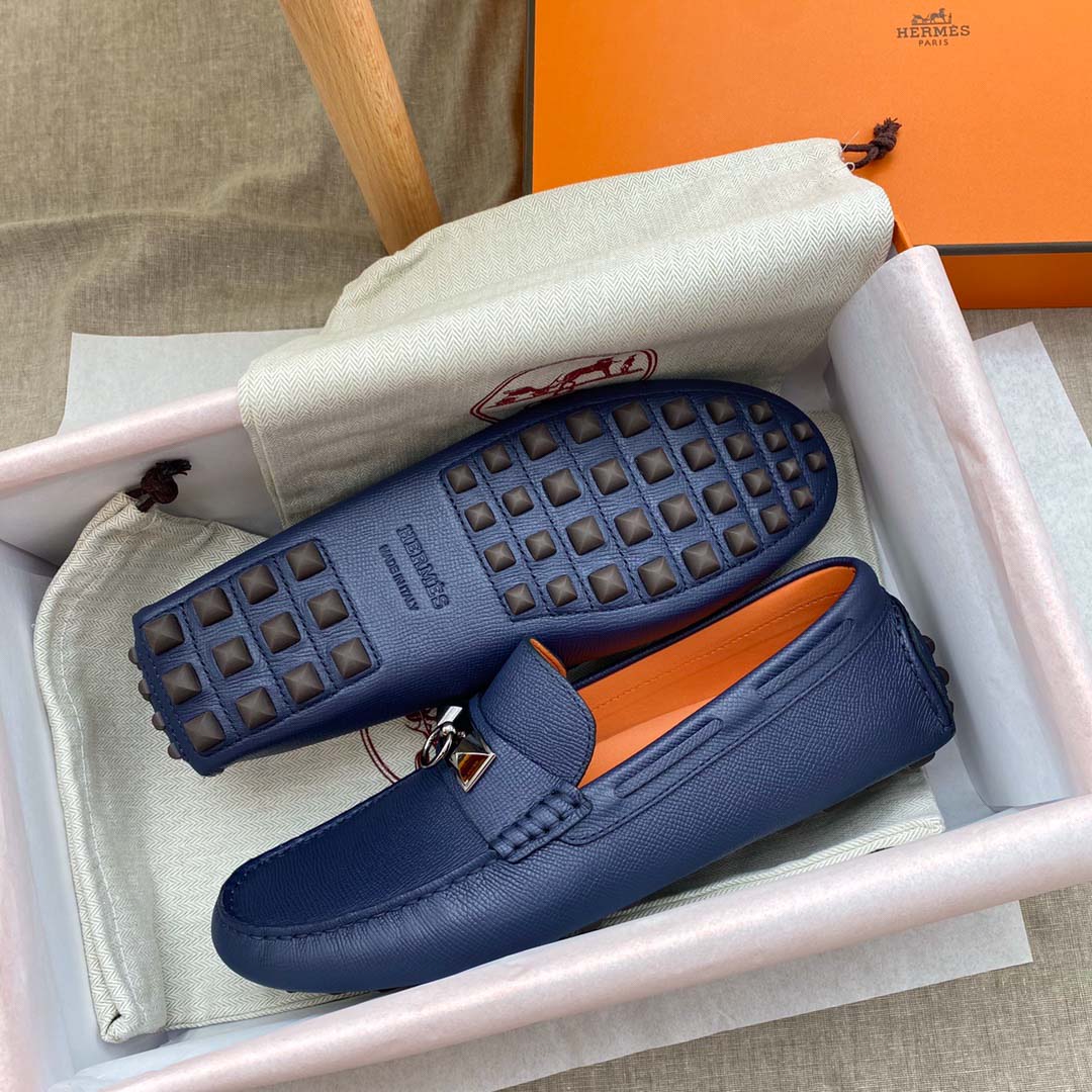 Giày lười Hermes Irving Loafer Xanh lót Cam Da Bê có Vân