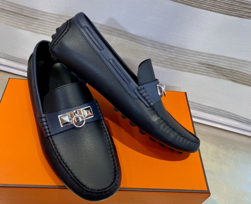 Giày lười Hermes Irving Loafer Xanh Navy Blue Kim Loại Chi Tiết Bạc