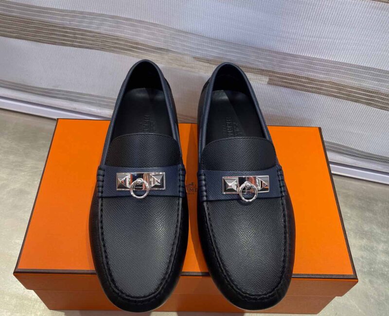 Giày lười Hermes Irving Loafer Xanh Navy Blue Kim Loại Chi Tiết Bạc