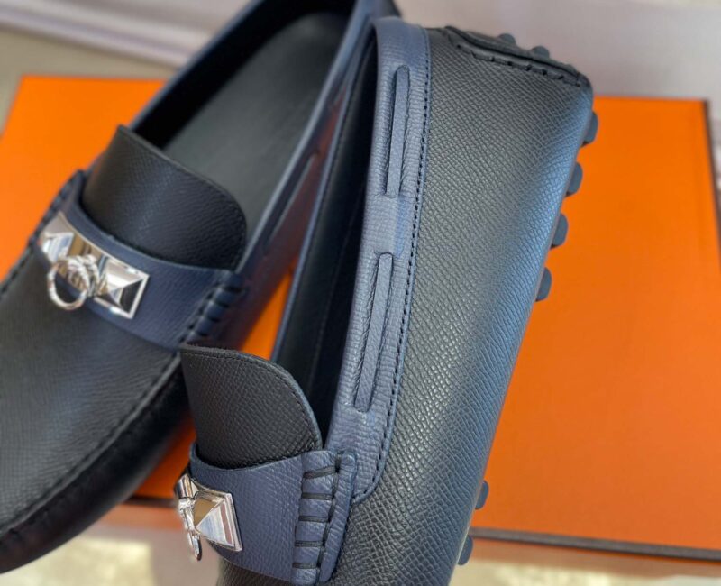 Giày lười Hermes Irving Loafer Xanh Navy Blue Kim Loại Chi Tiết Bạc