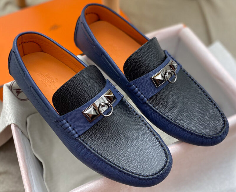 Giày lười Hermes Irving LoaferXanh Đen Da Bê có Vân