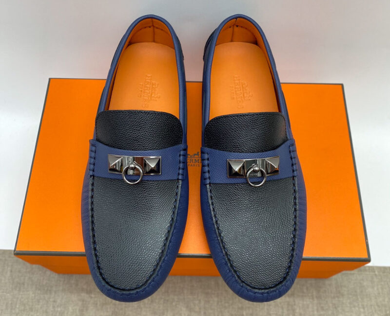 Giày lười Hermes Irving LoaferXanh Đen Da Bê có Vân