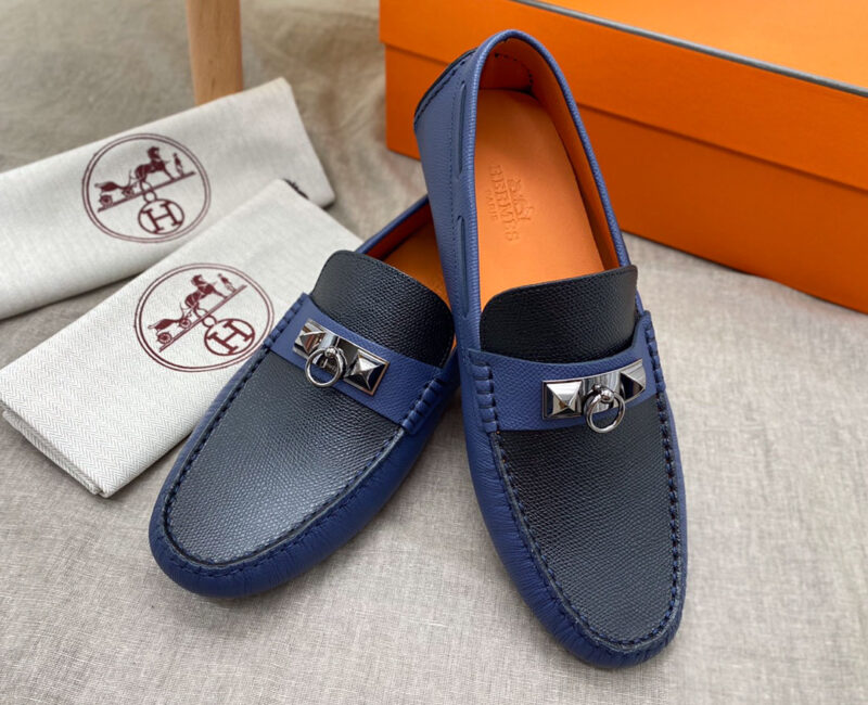 Giày lười Hermes Irving LoaferXanh Đen Da Bê có Vân