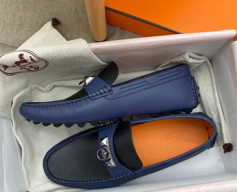 Giày lười Hermes Irving LoaferXanh Đen Da Bê có Vân