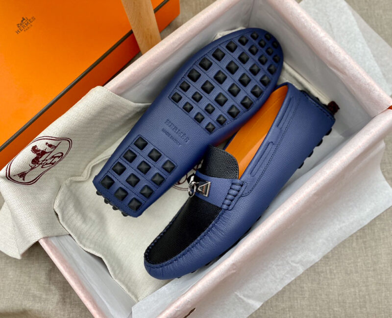 Giày lười Hermes Irving LoaferXanh Đen Da Bê có Vân