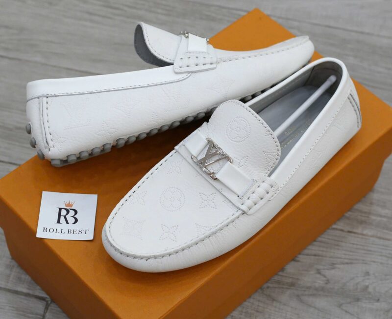 Giày lười Louis Vuitton Major Hockenheim Moccasin White Da Bê Họa Tiết Monogram Logo LV Bạc