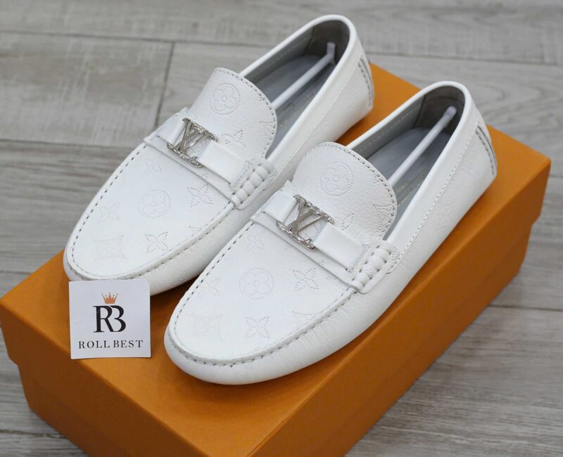 Giày lười Louis Vuitton Major Hockenheim Moccasin White Da Bê Họa Tiết Monogram Logo LV Bạc