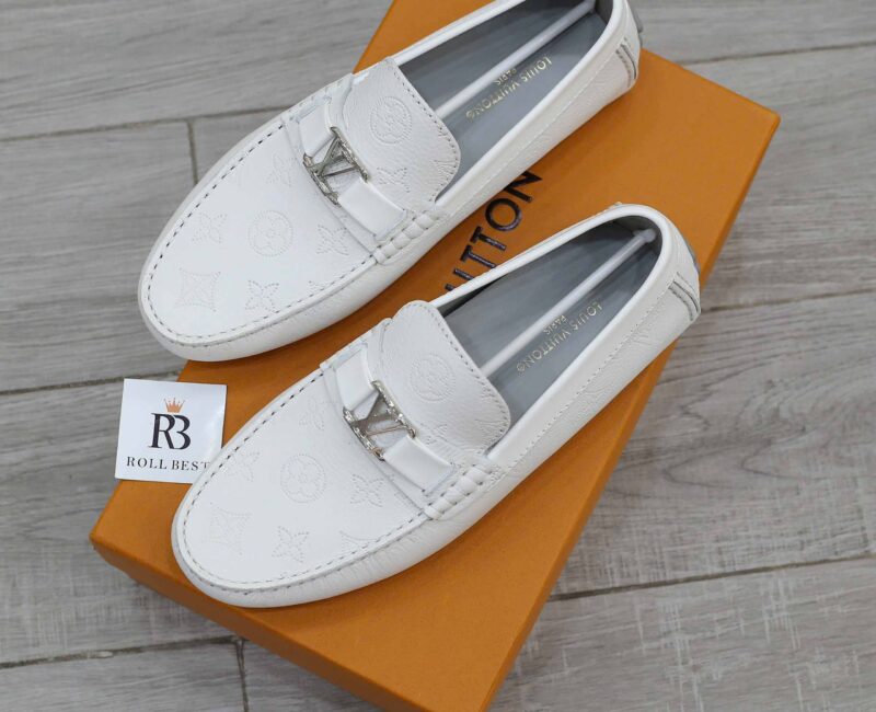 Giày lười Louis Vuitton Major Hockenheim Moccasin White Da Bê Họa Tiết Monogram Logo LV Bạc