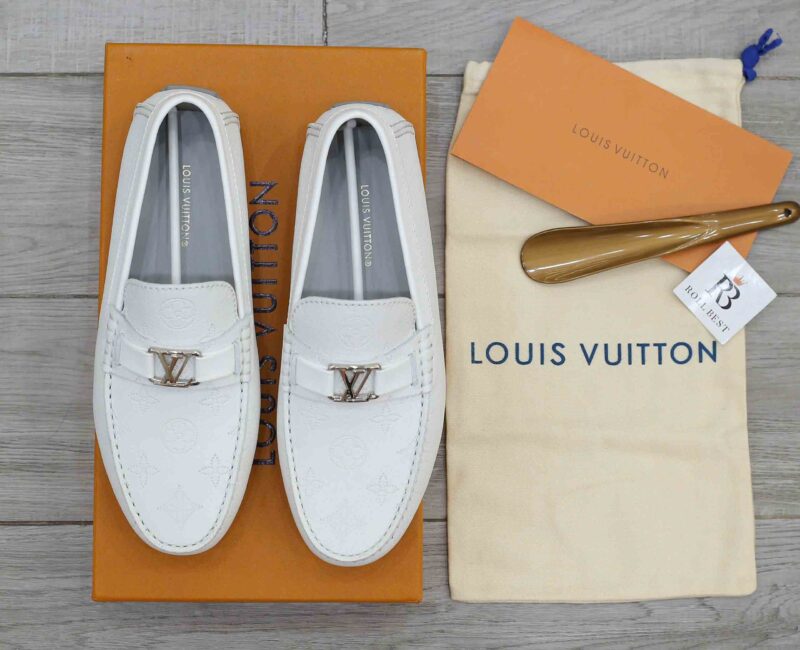 Giày lười Louis Vuitton Major Hockenheim Moccasin White Da Bê Họa Tiết Monogram Logo LV Bạc