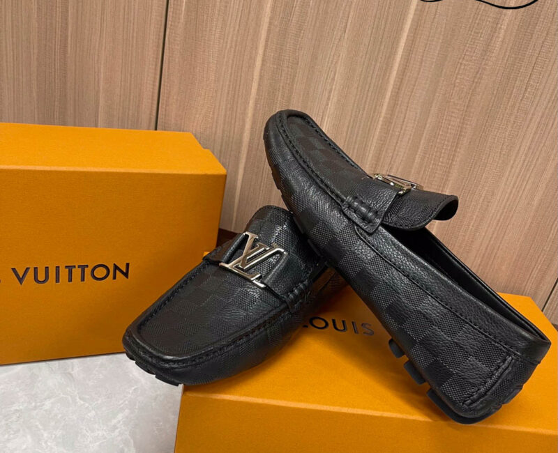 Giày Lười Louis Vuitton Monte Carlo Mocassin Black Da Bê Họa Tiết Damier Logo LV Bạc Bóng