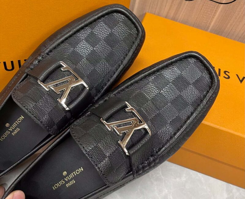 Giày Lười Louis Vuitton Monte Carlo Mocassin Black Da Bê Họa Tiết Damier Logo LV Bạc Bóng