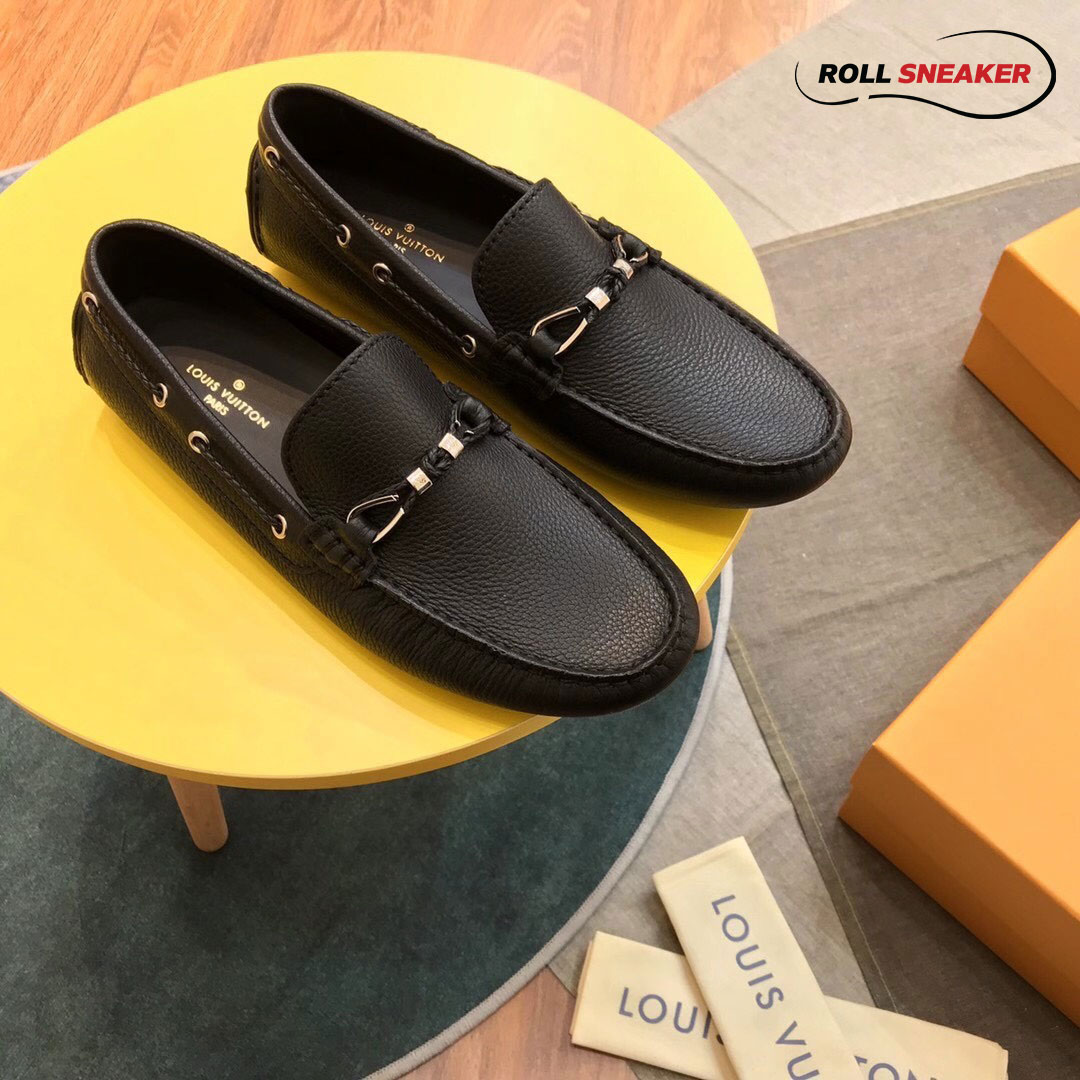 Giày lười Louis Vuitton Raspail Moccasin Black Da Bê Có Vân