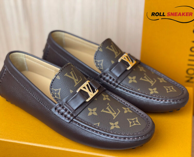 Giày lười LV Hockenheim Mocassin Brown Da Bê Họa Tiết Monogram Canvas Logo LV Bạc