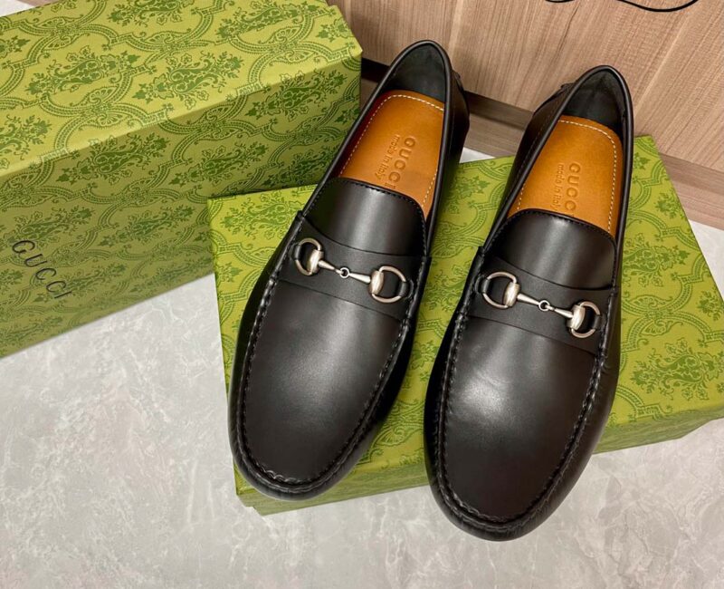 Giày Lười Nam Gucci Men's Driver With Horsebit Loafers Đen Da Trơn