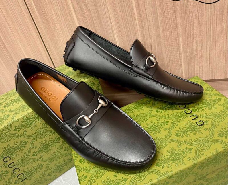 Giày Lười Nam Gucci Men's Driver With Horsebit Loafers Đen Da Trơn