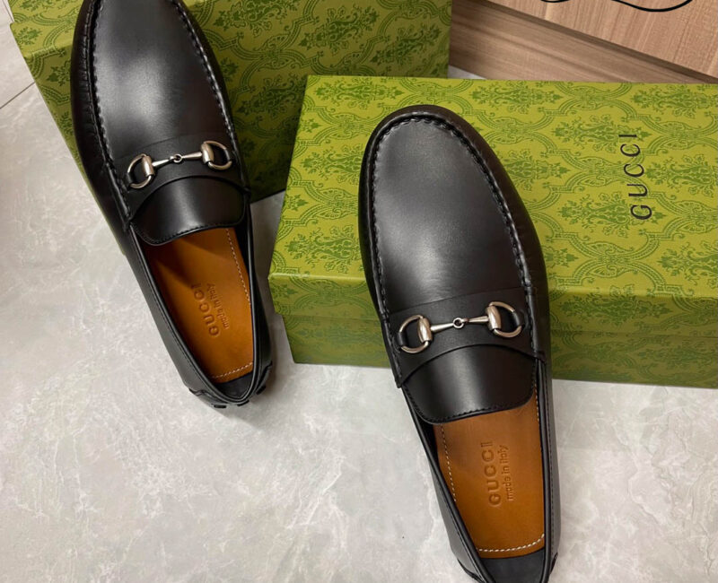 Giày Lười Nam Gucci Men's Driver With Horsebit Loafers Đen Da Trơn