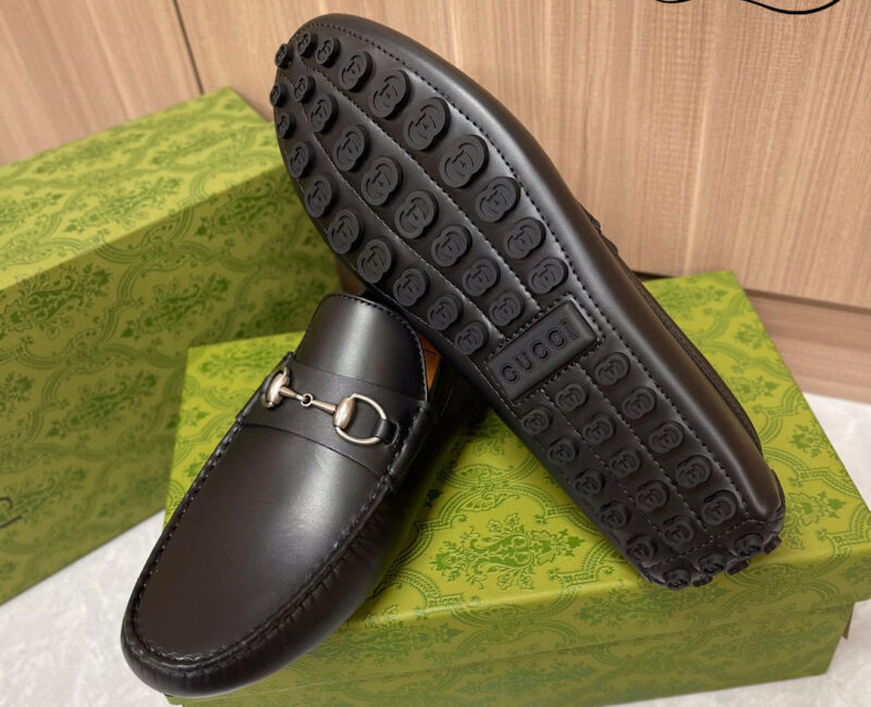 Giày Lười Nam Gucci Men's Driver With Horsebit Loafers Đen Da Trơn