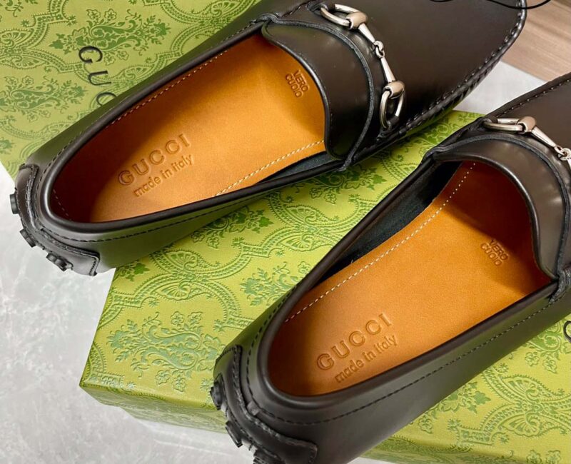 Giày Lười Nam Gucci Men's Driver With Horsebit Loafers Đen Da Trơn