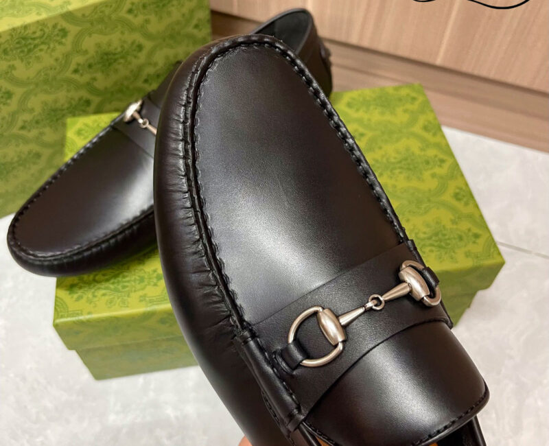 Giày Lười Nam Gucci Men's Driver With Horsebit Loafers Đen Da Trơn