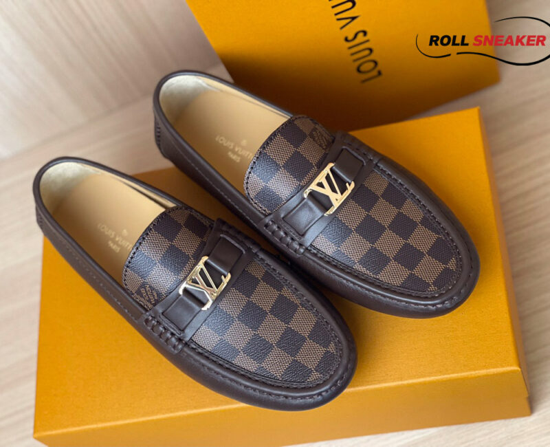 Giày Moca Louis Vuitton Hockenheim Brown Da Bê Sần Damier Ebene Logo LV Vàng