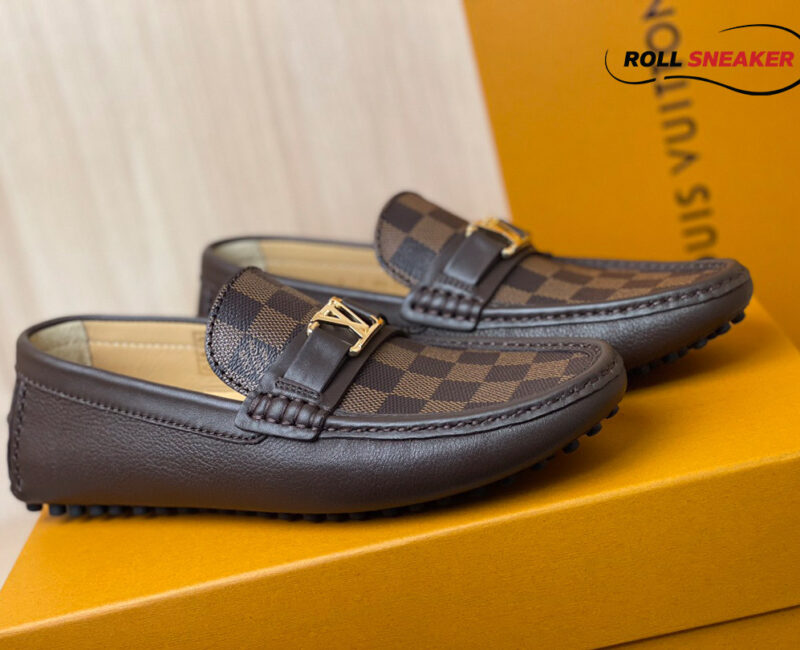 Giày Moca Louis Vuitton Hockenheim Brown Da Bê Sần Damier Ebene Logo LV Vàng