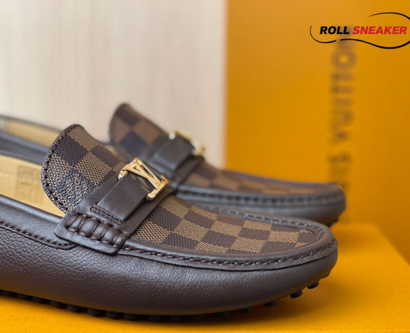 Giày Moca Louis Vuitton Hockenheim Brown Da Bê Sần Damier Ebene Logo LV Vàng