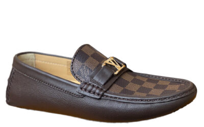 Giày Moca Louis Vuitton Hockenheim Brown Da Bê Sần Damier Ebene Logo LV Vàng