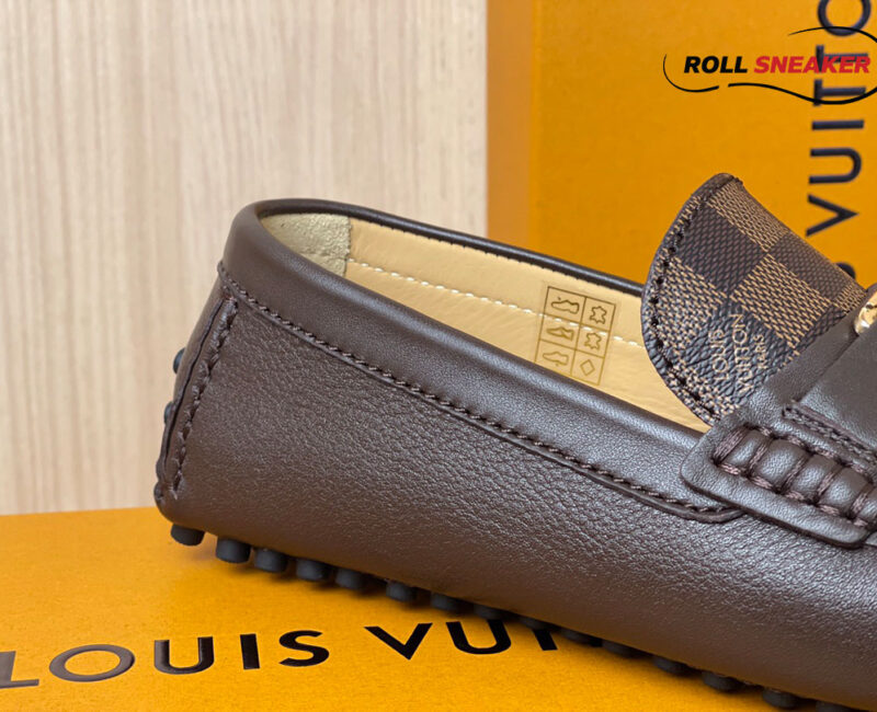 Giày Moca Louis Vuitton Hockenheim Brown Da Bê Sần Damier Ebene Logo LV Vàng