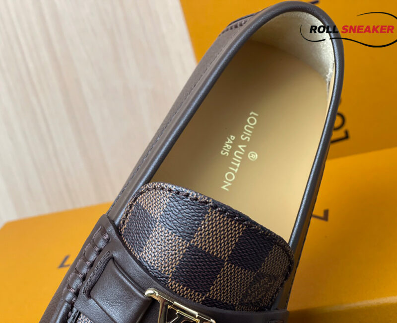 Giày Moca Louis Vuitton Hockenheim Brown Da Bê Sần Damier Ebene Logo LV Vàng