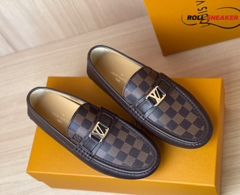 Giày lười LV Hockenheim Mocassin Black Da Bê Sần Họa Tiết Damier Ebene Logo LV Bạc