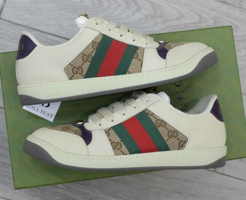 Giày Gucci Screener Leather and GG-Supreme gót Tím Best Quality